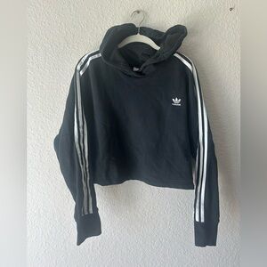Adidas Originals Black Cropped Hoodie Sweatshirt Women Medium 3-Stripes Trefoil